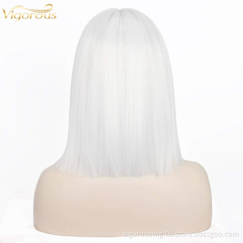 White Synthetic none Lace Front Wig Women's Short Straight Bob Wigs With Neat Tidy Bangs High Temperature Fiber Middle Part